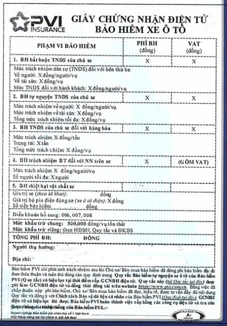 giấy chứng nhận bảo hiểm vật chất ô tô