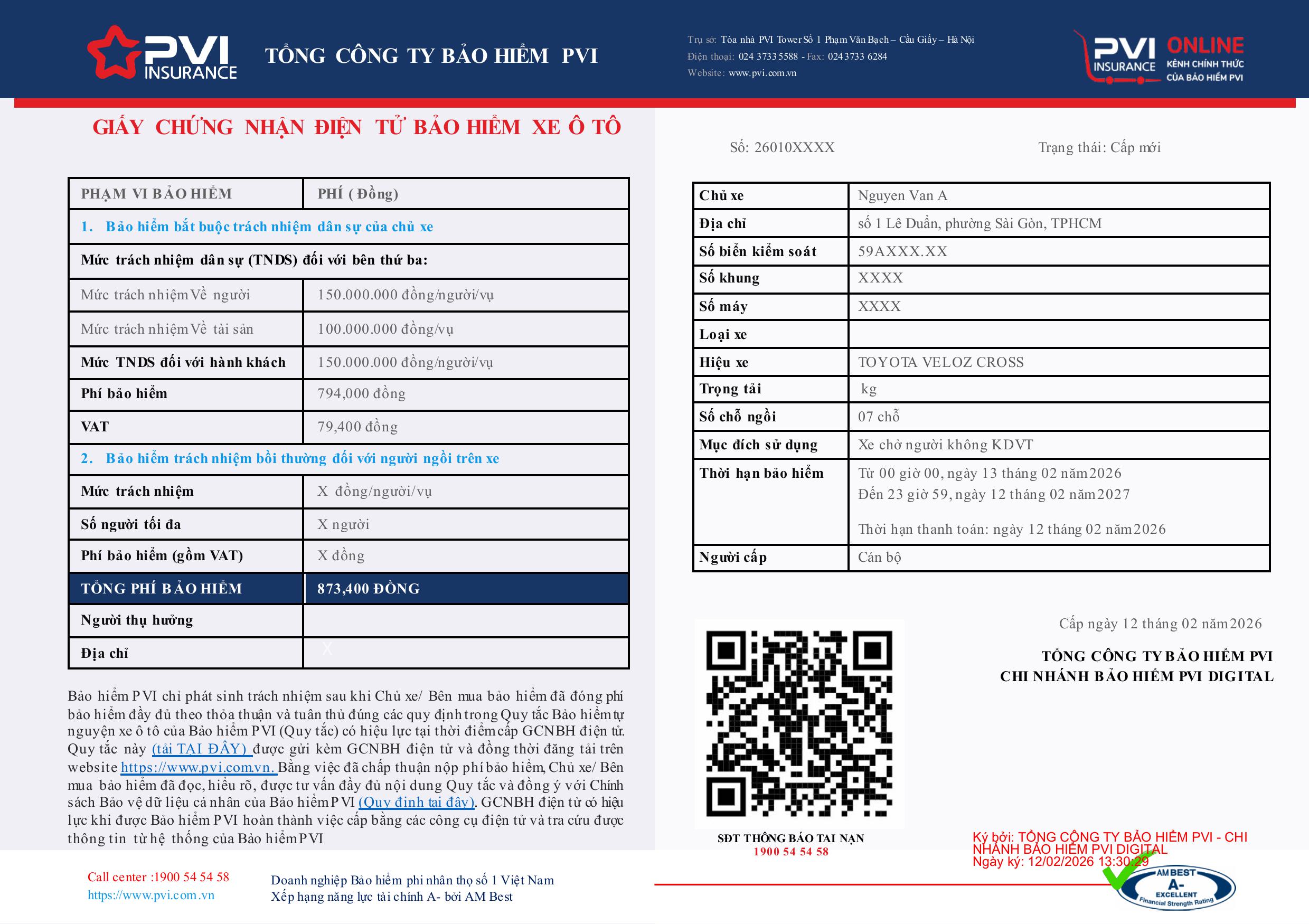 GCN bảo hiểm bắt buộc ô tô PVI