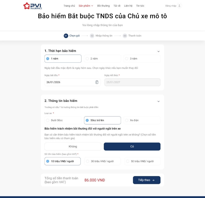 chọn gói bảo hiểm bổ sung nếu muốn