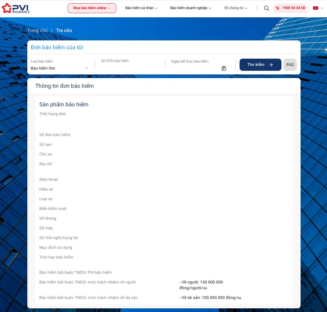kết quả kiểm tra bảo hiểm ô tô trên website